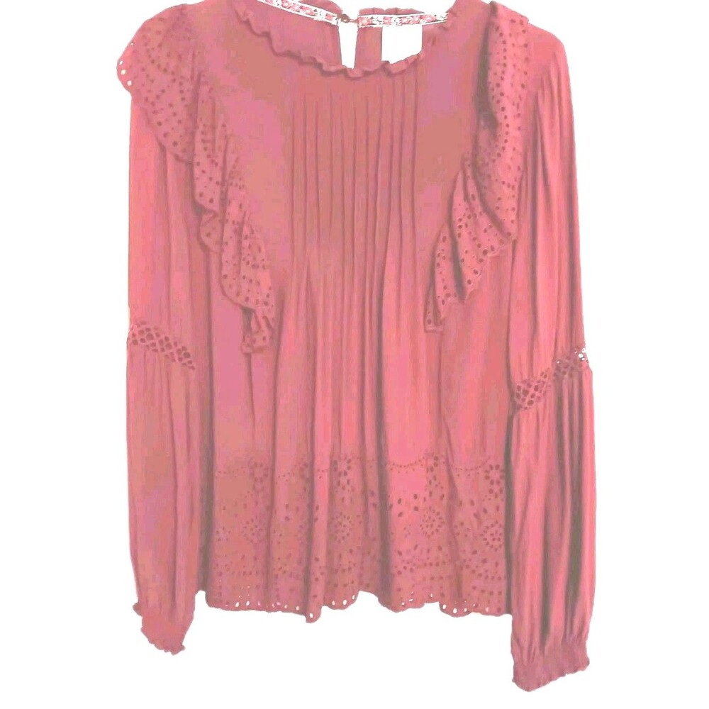 Knox Rose Women’s Antique Rose Long-sleeve Blouse Sz L Eyelet And Ruffle Accents